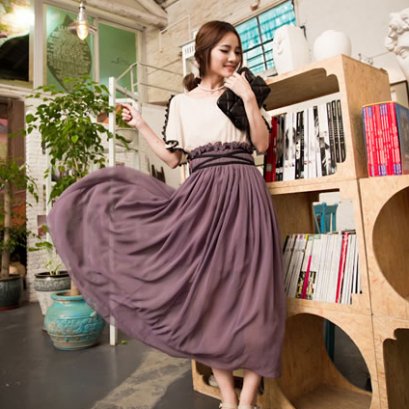 [[*พร้อมส่ง F]] [SZ-9619] Style By SZ ++เดรส++ เดรสสีเบจกระโปรงยาวสีม่วง