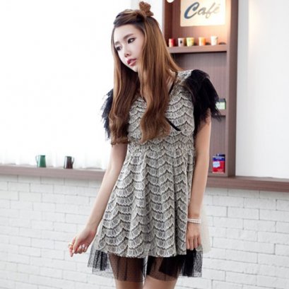  [[*พร้อมส่งS M ]] [เดรสลูกไม้] [SZ-9626] Style By SZ ++เดรส++ เดรสสีดำซ้อนด้วยผ้าลูกไม้สีขาว