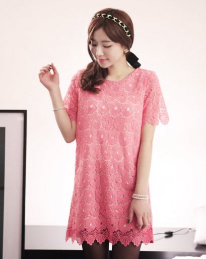  [[*พร้อมส่งS ,M ]] [เดรสลูกไม้] [SZ-9775] Style By SZ++เดรส++เดรสผ้าลูกไม้สีชมพู