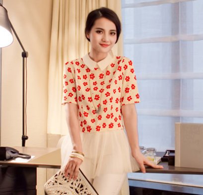  [[*พร้อมส่ง S,M]] [SZ-9786] Style By SZ++เดรส++เดรสสีขาวลายดอกไม้สีแดงคอปกติดกับกระโปรงผ้าตาข่าย