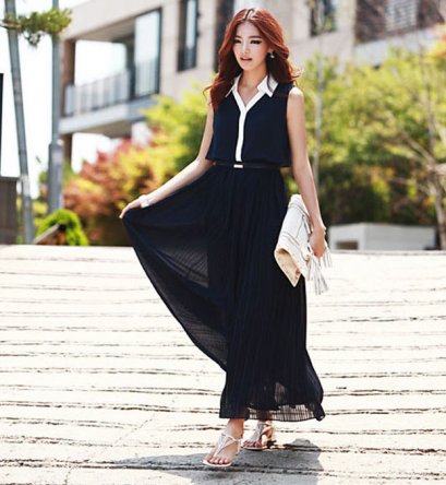 [[*พร้อมส่ง S]] [SZ-9796] Style By SZ++แม๊กซี่เดรส++แม๊กซี่เดรสสีน้ำเงินเข้มคอปกสีขาวกระโปรงยาว