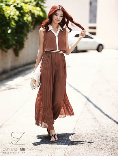  [[*พร้อมส่งS]] [SZ-9796-1] Style By SZ++แม๊กซี่เดรส++แม๊กซี่เดรสสีน้ำตาลเข้มคอปกสีขาวกระโปรงยาว