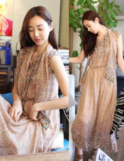  [[*พร้อมส่ง S,M]] [SZ-9807] Style By SZ++แม๊กซี่เดรส++เดรสสีครีมผ้าซีฟองลายกระโปรงยาวพริ้ว