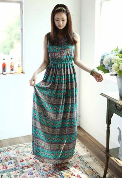  [[*พร้อมส่ง S]] [SZ-9833] Style By SZ++แม๊กซี่เดรส++MaxiDressสีเขียวลายไสตล์โบฮีเมี่ยน
