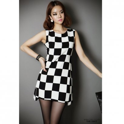 [[*พร้อมส่ง S,M]] [SZ-9873] Style By SZ เดรส เดรสลายตารางสีขาวดำแขนกุด
