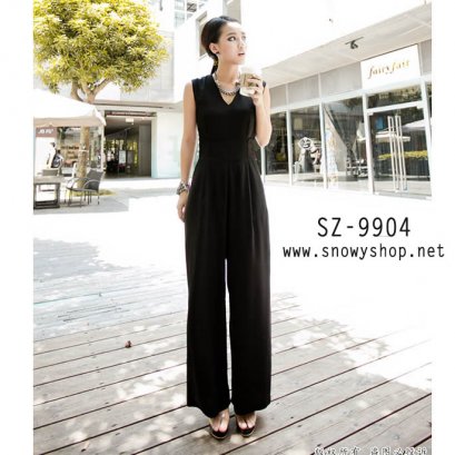  [[*พร้อมส่ง S ]] [SZ-9904] Style By SZ++Jump Suit++ชุดจั๊มสูทสีดำคอวี แขนกุด กางเกงขายาว สไตล์ไฮโซ