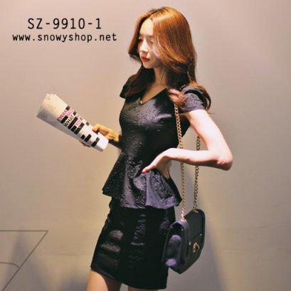 [[*พร้อมส่งM]] [SZ-9910-1] Style By SZ++เดรส++เดรสสีดำคอวีเอวระบาย กระโปรงเข้ารูป สวยหรู