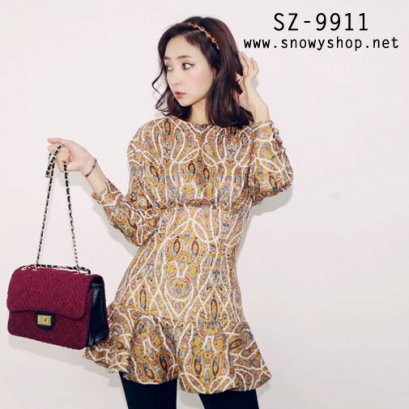  [[*พร้อมส่ง S,M,L]] [SZ-9911] Style By SZ++เดรส++เดรสสีเหลืองแพทเทิลหรู เอวเข้ารูปแขนยาว กระโปรงสั้นระบาย