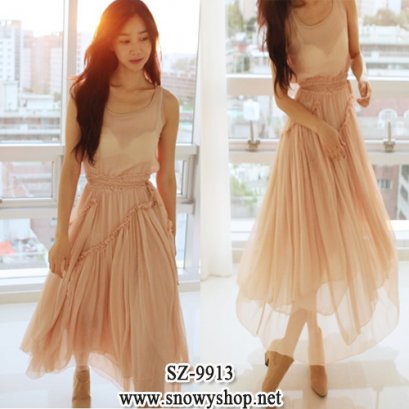  [[*พร้อมส่ง S]] [SZ-9913] Style By SZ++เดรส++เดรสสีชมพูผ้าซีฟองพริ้วกระโปรงยาว