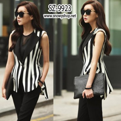  [[*พร้อมส่ง S] [SZ-9923] SZ เสื้อสูทลายทางขาวดำแขนกุด ปกกว้างสวยสง่า ปลายยาว สวยมากค่ะ