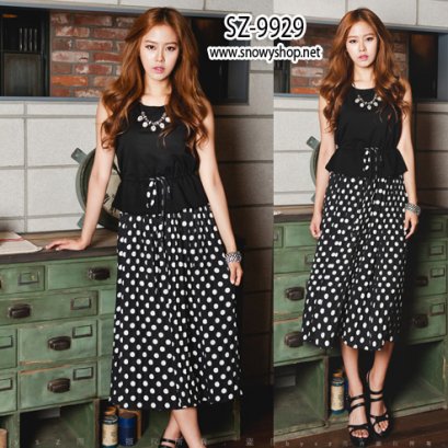  [[*พร้อมส่ง F]] [SZ-9929] [SZ-9929] SZ เดรสสีดำกระโปรงลายจุดผ้าซีฟองขาวดำ