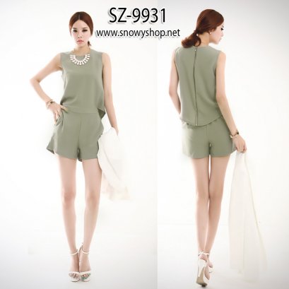  [[*พร้อมส่ง S] [SZ-9931] SZ Jump Suit จั๊มสูทสีเขียวมิ้นแขนกุดตัดต่อกับกางเกงขาสั้นผ้าซิลส์เนื้อดีพริ้ว