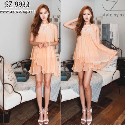 [[*พร้อมส่ง F]] [SZ-9933] SZ ชุดเดรสสีส้มพาสเทลผ้าซีฟองอัดพรีท มีผ้าซับให้อย่างดี พร้อมผ้าผูกเอว ใส่ออกงานดูดีมากค่ะ