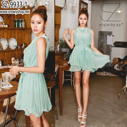 [[*พร้อมส่ง F]] [SZ-9933-1] SZ ชุดเดรสสีเขียวมิ้นผ้าซีฟองอัดพรีท มีผ้าซับให้อย่างดี พร้อมผ้าผูกเอว ใส่ออกงานดูดีมากค่ะ