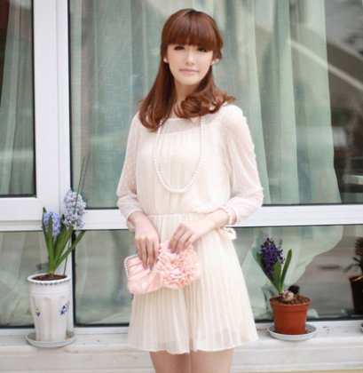 {{SALE!! 599บาท}} [[พร้อมส่ง]] [Sn-055] Shinena++เดรส++เดรสสไตล์เกาหลี เดรสสีครีมผ้าซีฟอง แขนยาวโปร่ง กระโปรงอัดพรีทค่ะ