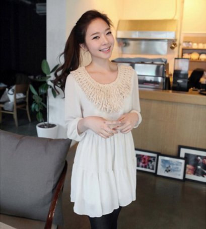 {{SALE!! 499บาท}} [[พร้อมส่ง]] [Sy-1196] Styleonme++เดรส++เดรสผ้าซีฟองสีครีมอ่อนสไตล์เกาหลี แต่งลายเชือกรอบคอสวยๆค่ะ