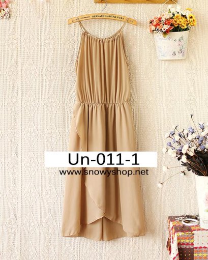  [[*พร้อมส่ง F]] [Un-011-1] Un++เดรส++เดรสสีน้ำตาลสายเดี่ยวผ้าซีฟอง กระโปรงผ่าสวยๆ