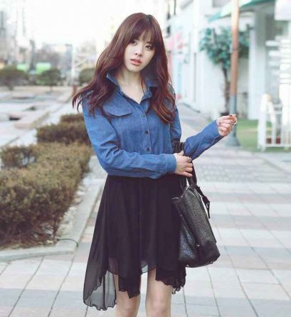  [[พร้อมส่ง S]] [Yi-1495] FZY++เดรส++เดรสเสื้อเชิ๊ตสีน้ำเงินเข้มติดกับกระโปรงผ้าซีฟองสีดำ