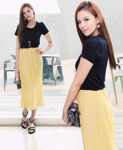  [[พร้อมส่ง F]] [Yi-1507] FZY++เดรส++เดรสเสื้อสีดำติดกับกระโปรงสีเหลือง 