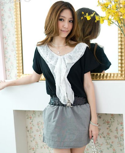  [[พร้อมส่ง F]] [เดรส] [Yi-581] FZY++เดรส++เสื้อสีดำแขนสั้นเอวยืดได้กระโปรงสีเทาอ่อน หน้าอกแต่งด้วยผ้าลูกไม้ระย้าๆสีขาวค่ะ