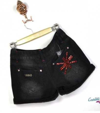 [[พร้อมส่ง S]] [Yi-857] FZY++กางเกงยีนส์++กางเกงยีนส์ขาสั้นสีดำ ปักเลื่อมกระเป๋าหลังลายสีแดง