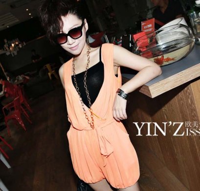 [[พร้อมส่ง]] [Yz-005] Yz++จั๊มสูท++จั๊มสูทสีส้มกางเกงขาสั้น