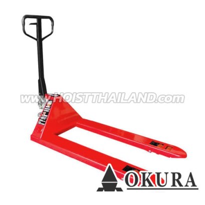E-OK-HP03R รถลากพาเลทหน้ากว้าง ขนาด 3 ตัน / 3000 กก. สีแดง ปรับหมุนยกได้ 180 องศา "OKURA"