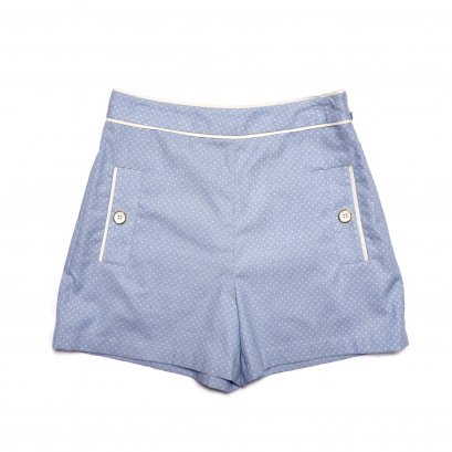 กางเกงยีนส์ขาสั้นดีเทลลายจุด ถุงหน้าสองข้างปักกระดุม Odile S22TR04BL