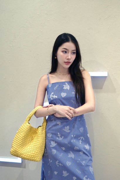 Odile Blue Gingham Bird-Print Slip Dress S24DR03BL