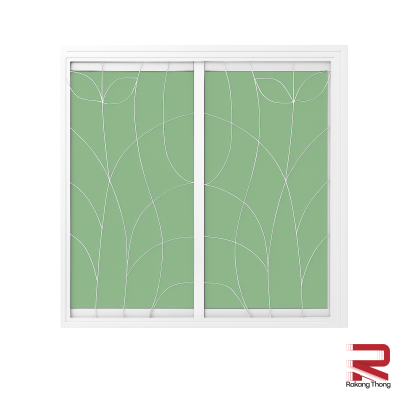 หน้าต่างอลูมิเนียมบานเลื่อน 2 ช่อง พร้อมเหล็กดัดลายใบไม้และมุ้งลวด สีขาว WINKING