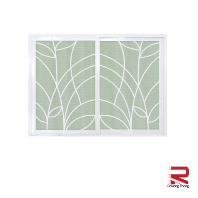 หน้าต่างอลูมิเนียมบานเลื่อน 2 ช่อง พร้อมเหล็กดัดลายใบไม้และมุ้งลวด สีขาว WINKING