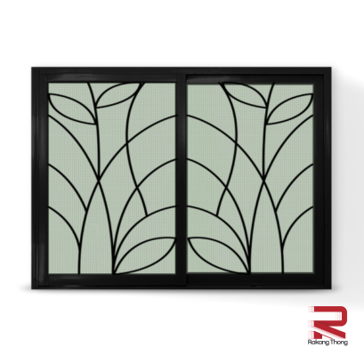 หน้าต่างอลูมิเนียมบานเลื่อน 2 ช่อง พร้อมเหล็กดัดลายใบไม้และมุ้งลวด สีดำ WINKING