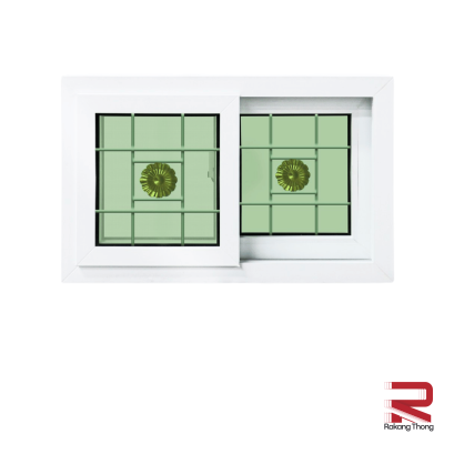 หน้าต่างบานเลื่อนUPVCสีขาวมีเหล็กดัดกระจก 2 ชั้น