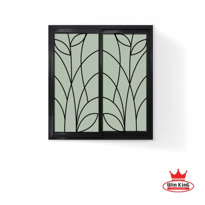 หน้าต่างอลูมิเนียมบานเลื่อน 2 ช่อง พร้อมเหล็กดัดลายใบไม้และมุ้งลวด สีดำ WINKING