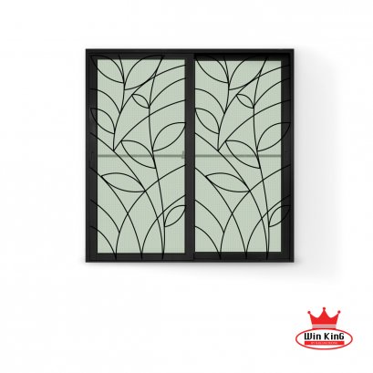 ประตูอลูมิเนียมบานเลื่อน 2 ช่อง พร้อมเหล็กดัดลายใบไม้และมุ้งลวด สีดำ WINKING