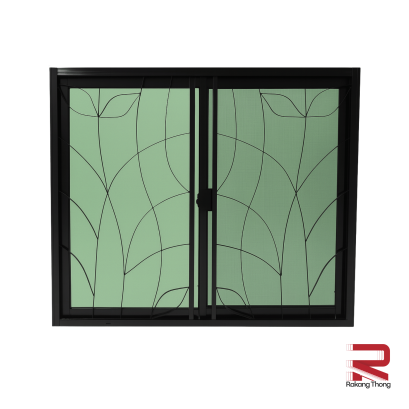 หน้าต่างอลูมิเนียมบานเลื่อน 2 ช่อง พร้อมเหล็กดัดลายใบไม้และมุ้งลวด สีดำ WINKING