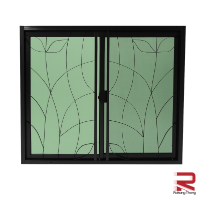 ประตูอลูมิเนียมบานเลื่อน 2 ช่อง พร้อมเหล็กดัดลายใบไม้และมุ้งลวด สีดำ WINKING