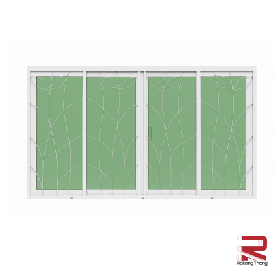 หน้าต่างอลูมิเนียมบานเลื่อน 4 ช่อง พร้อมเหล็กดัดลายใบไม้และมุ้งลวด สีขาว WINKING
