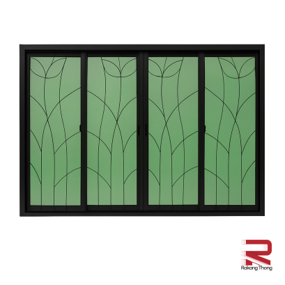 หน้าต่างอลูมิเนียมบานเลื่อน 4 ช่อง พร้อมเหล็กดัดลายใบไม้และมุ้งลวด สีดำ WINKING