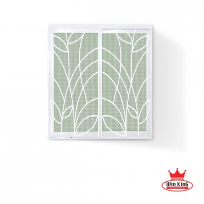 หน้าต่างอลูมิเนียมบานเลื่อน 2 ช่อง พร้อมเหล็กดัดลายใบไม้และมุ้งลวด สีขาว WINKING