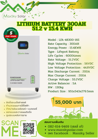 LITHIUM BATTERY 300AH  51.2 v 15.4 KWH
