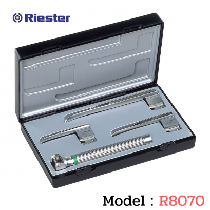เครื่องมือส่องหลอดลม Laryngoscope รุ่น R8070 Macintosh (Fiber Optic) blade โค้ง 0,1,2 XL 2.5V AA Handle (แบบหุ้มท่อนำแสง) Riester, Germany