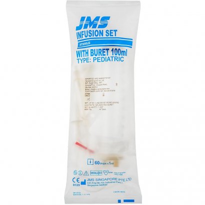 ชุดให้สารละลายทางหลอดเลือดแบบบิวเรตต์ influsion set with buret 100 ml. (แบบสเตอร์ไรด์) ยี่ห้อ JMS