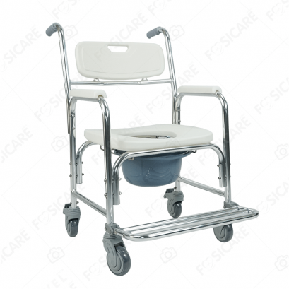 เก้าอี้นั่งถ่ายพร้อมอาบน้ำ โครงสร้างอะลูมิเนียมอัลลอย รุ่น W-05 เบาะแข็ง ฐานมีล้อ พร้อมพนักวางเท้า