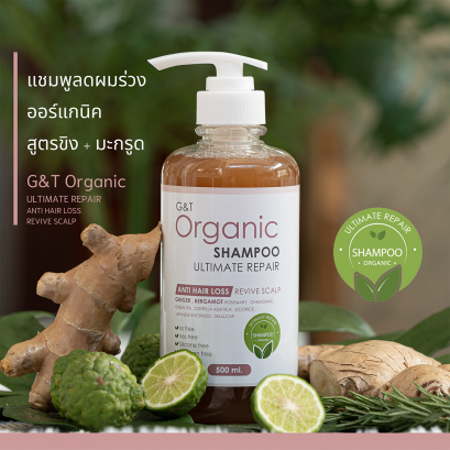 แชมพูลดผมร่วง ขิง+มะกรูด สูตรออร์แกนิค ลดผมร่วง ฟื้นฟูหนังศีรษะ G&amp;T Organic Ultimate Repair Shampoo 500 ml