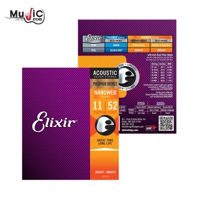 Elixir 16027 Nanoweb Acoustic Guitar Strings Phosphor Bronze Custom Light .011-.052