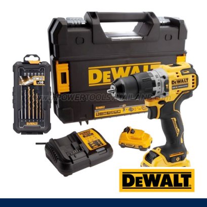 DCD706D2A-B1 สว่านกระแทกไร้สาย (ไร้แปรงถ่าน) 12V MAX ขนาด 10 มม. แรงบิดสูงสุด 57.5 NM. ความเร็วรอบ 1500RPM 25500 RPMพร้อมแบตเตอรี่ 2.0 AH + แท่นชาร์จ พร้อมหัวเข้ามุมและที่แคบ 4 ตัว (แถมชุดดอกสว่าน 16 ชิ้น) ครบชุด "DEWALT ดีวอลท์
