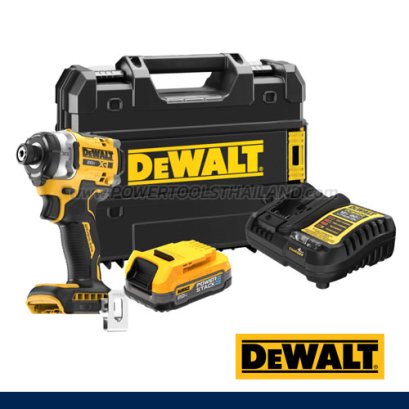 DCF860E1T-B1 ไขควงกระแทกไร้สาย (ไร้แปรงถ่าน) 20V MAX ขนาด HEX 6.35 มม. แรงบิดสูงสุด 282 NM. ความเร็วรอบ 3800RPM พร้อมแบตเตอรี่ POWERSTACK 1.7AH "DEWALT" ดีวอลท์