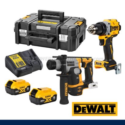 DCK2215P2T-B1 ชุดคอมโบสว่านไขควงไร้สาย + สว่านโรตารี่ไร้สาย 20V MAX. พร้อมแบตเตอรี่ 5.0AH (2 ก้อน) + แท่นชาร์จเร็ว + กล่อง TSTAK DEEP "DEWALT" ดีวอลท์