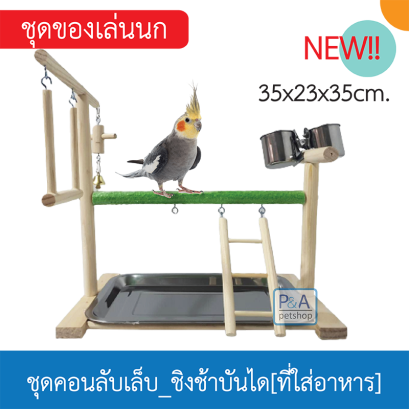 ชุดอุปกรณ์คอนนกและถาดสแตนเลสรองเศษอาหาร คอนยืนนกแก้ว [ชิงช้าบันได]